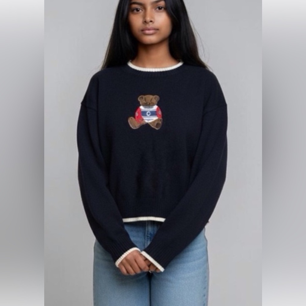 Cider Navy Crewneck Sweater with Teddy Appliqué and Cream Trim S preppy academia